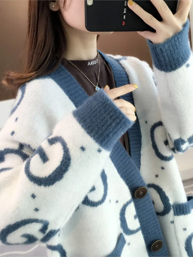 

Женский однобортный Кардиган оверсайз с длинным рукавом и V-образным вырезом