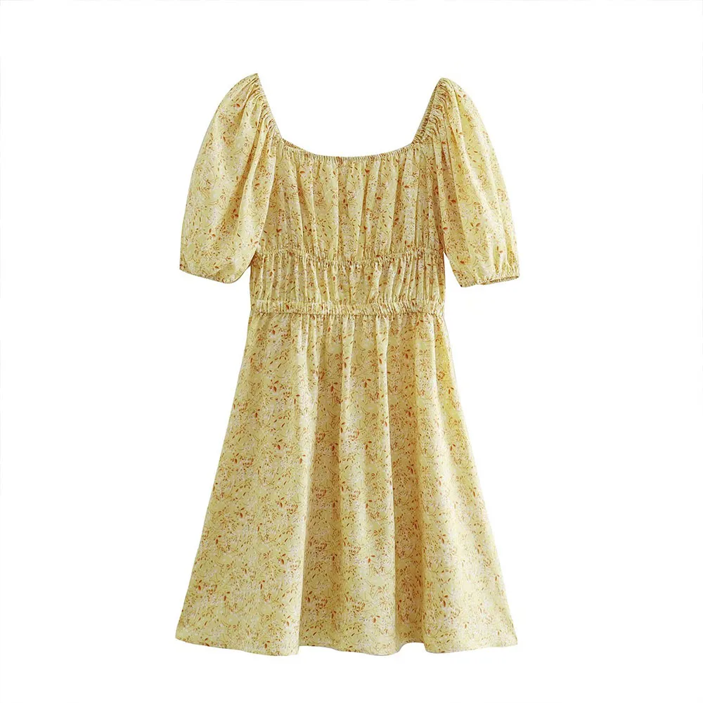 

2022 Spring New Fashion Women's Print Dress Casual Square Neck Bubble Short Sleeve Elastic Waist Chic Women's Dress