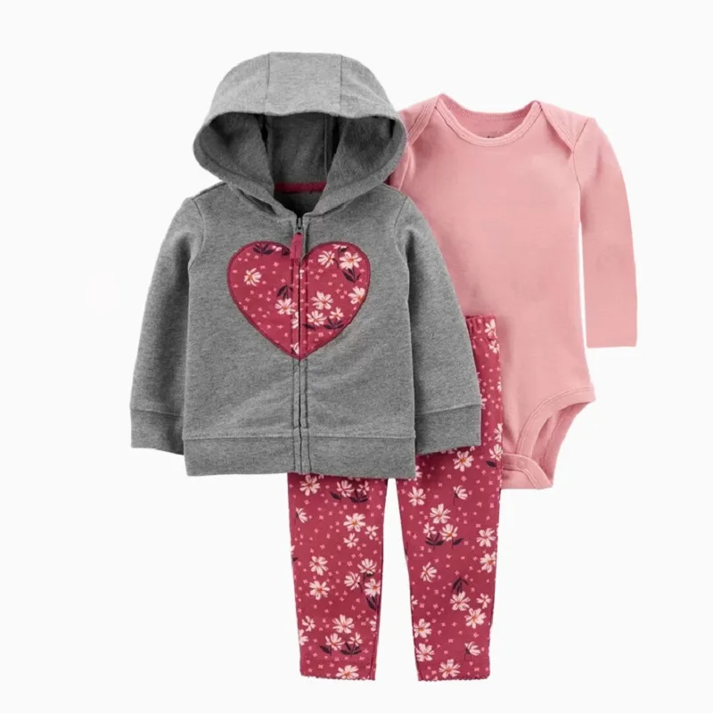 Baby Girl Long Sleeve Clothes Set Heart Hoodie +romper+flower Print Pants Outfit Toddler Boy jacket Suit Newborn Costume 6-24m