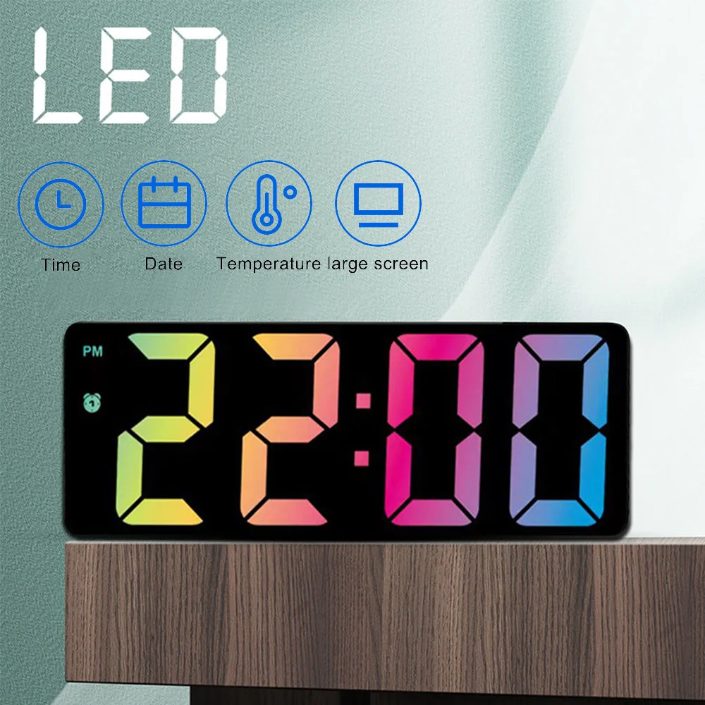 

Digital Alarm Clock LED Screen Mirror Voice Control Electronic Clocks Temp Calendar Large Number Display 12/24H Gifts Home Decor