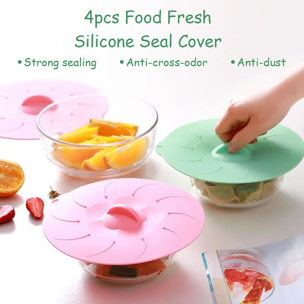 

4pcs Food Fresh Wrap Sealed Cover Fresh Food Grade Silicone Sealed Cover Microwave Fruit Bowls Lid Kitchen Tools