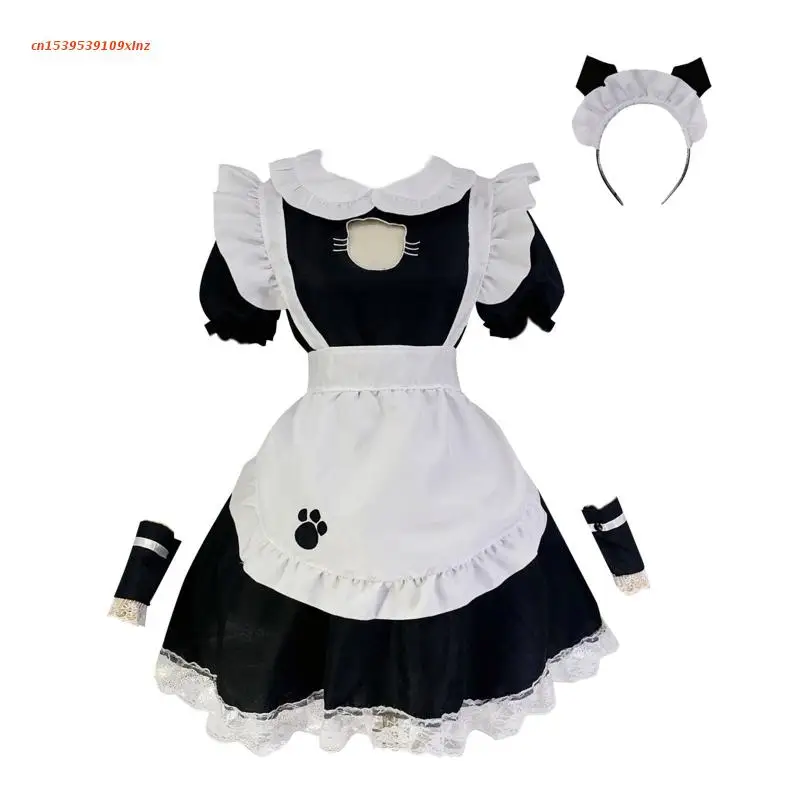 

Women Anime Lolita Hollow Ruffled Apron Dress with Headwear Cosplay Costume