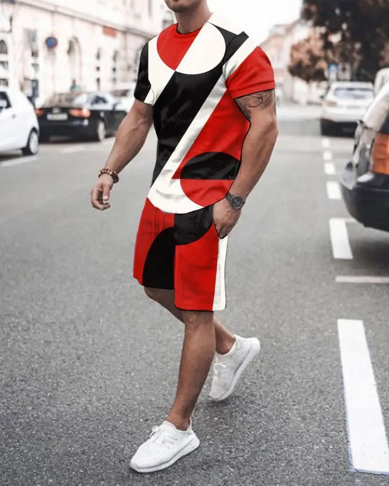 Summer Men T-shirts Shorts 2 Piece Sets Geometric Pattern Beach Tracksuit Short Sleeve Casual Streetwear Fashion Man Clothing