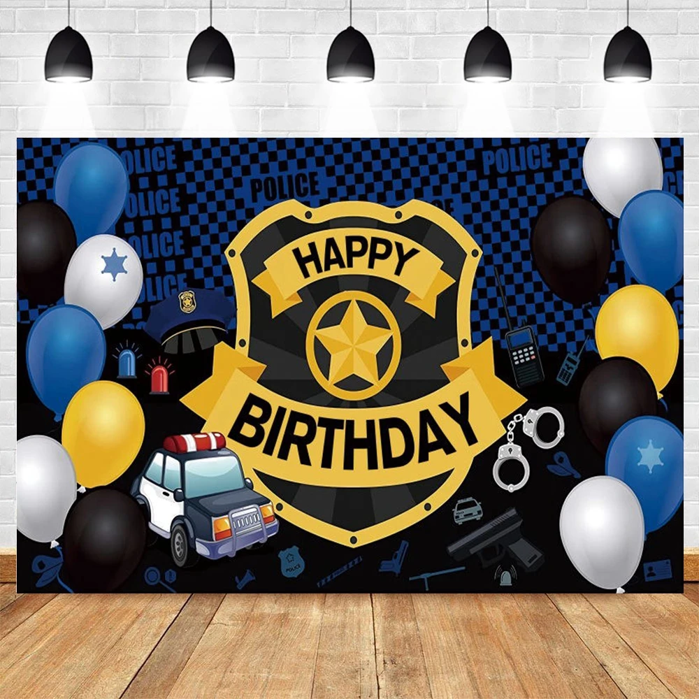 

Boy Baby Birthday Police Party Backdrop Decor Balloon Policeman Patrol Car Pistol Photography Background For Photo Studio Props