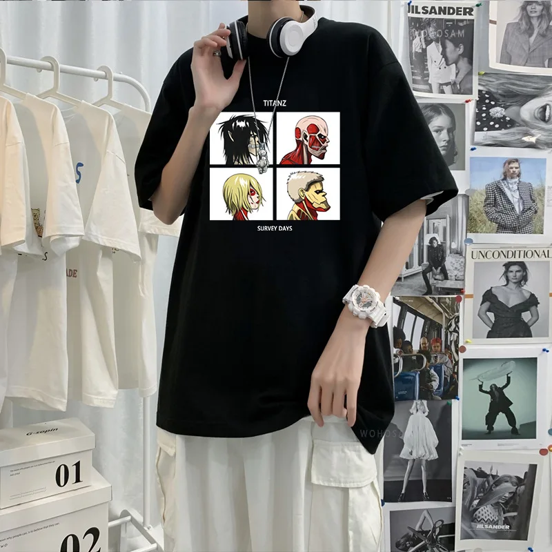 

Футболка унисекс летняя с круглым вырезом, Повседневная рубашка для мужчин и женщин, с принтом аниме «атака на Титанов» Эрена Леви, уличная одежда в стиле Харадзюку