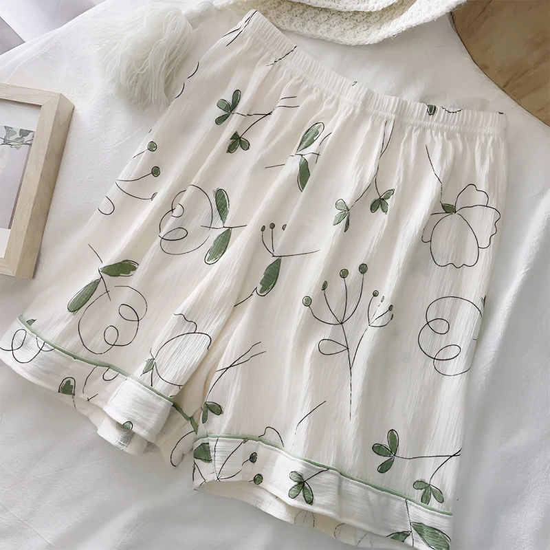 The Summer Pajamas for Women's Pure Cotton Thin Section Cool Feeling Cardigan Shorts Sleepwear Suit with Lapel Simple Loungewear