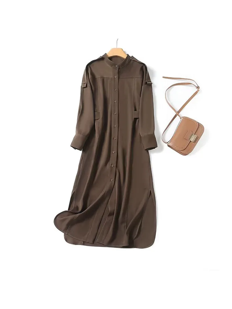 

Women 2023 Winter New Chic Fashion Elegant Commuting Style Shirt Style Dress Vintage Long Sleeve V Neck Female Dresses