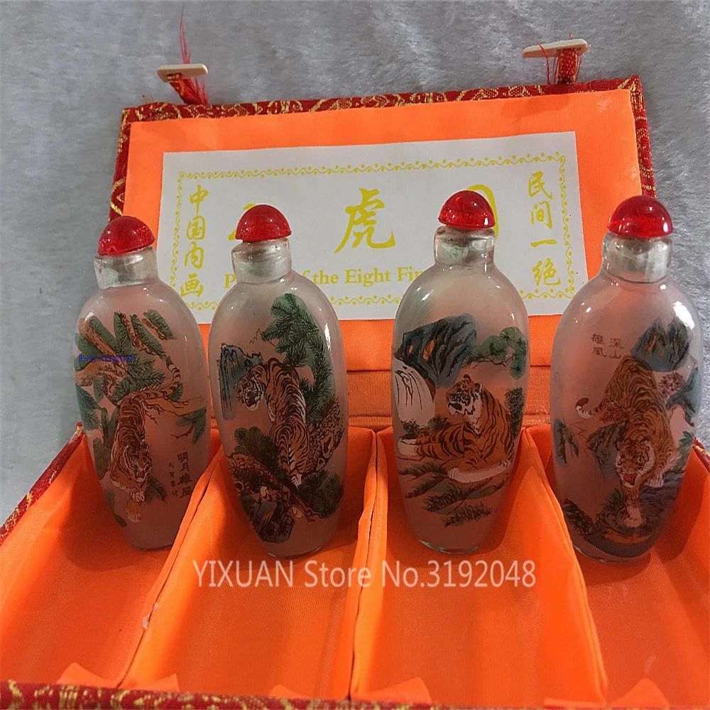 

4-piece set of glass Snuff Bottle of ancient Chinese eight tiger painting - Gift snuff bottle of home decoration painting.
