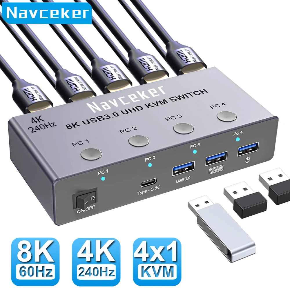 Фото KVM-переключатель Navceker 4K 240 Гц HDMI 4x1 8K KVM 4-переключатель для ПК 4-портовый переключатель USB 3.0 4 в 1 выход для всего 1 монитора Мышь Клавиатура №1