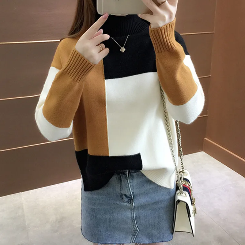 

Spring Autumn Acrylic Women's Sweater Turtleneck Long Sleeve Pullover Knitted Patchwork Fashion Office Lady Sweater