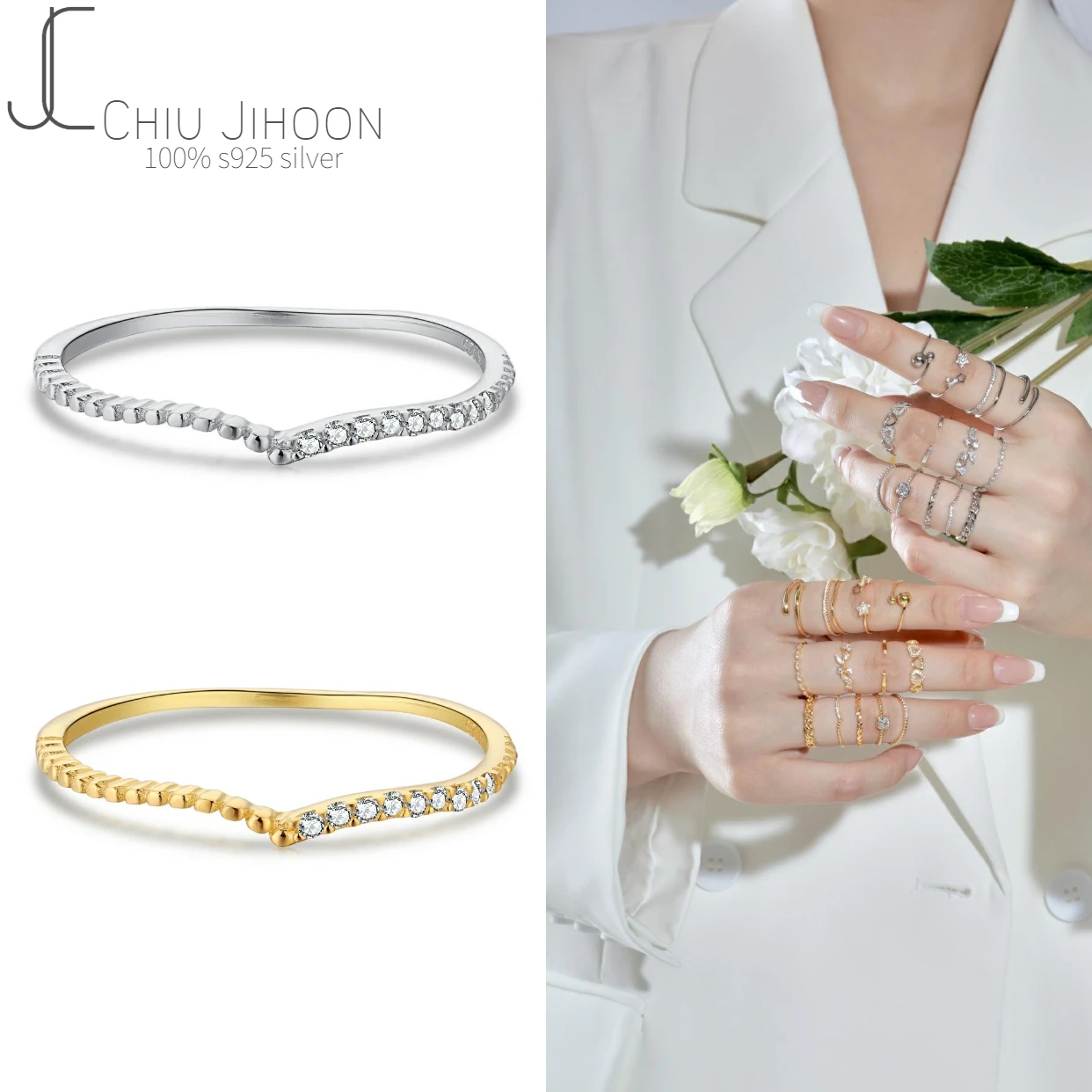 

S925 Sterling Silver Sparkling Luxury Single Row Diamond Ring Ladies Fashion Simple V Row Ring Ladies Ring Jewelry