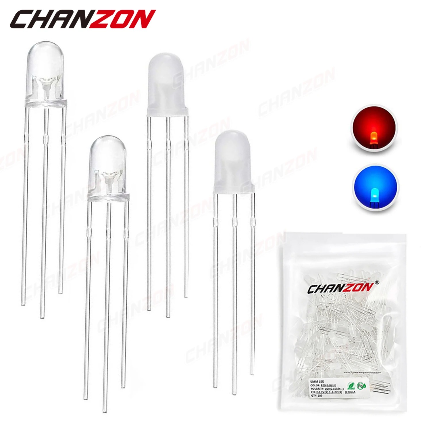 

100pcs 5mm Bicolor Red Blue Diode Light Common Anode Two Color LED Lamp Light Round Top 5 mm Transparent Light-Emitting Diode