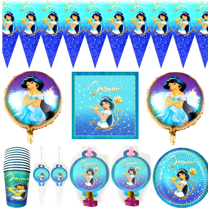 

74pcs/lot Jasmine Princess Flags Straws Blowouts Birthday Party Balloons Banner Plates Cups Decorate Girls Kids Favors Napkins