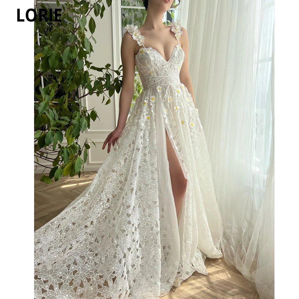 

LORIE Sweetheart Lace Evening Dresses 3D Flowers Formal Dress A-line Leg Slit Long Evening Gowns Vestidos De Noche Prom Gowns