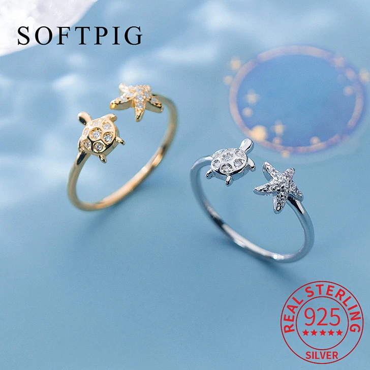 

SOFTPIG Real 925 Sterling Silver Zircon CZ Ocean Turtle Starfish Adjustable Ring For Women Fine Jewelry Accessories In Summer
