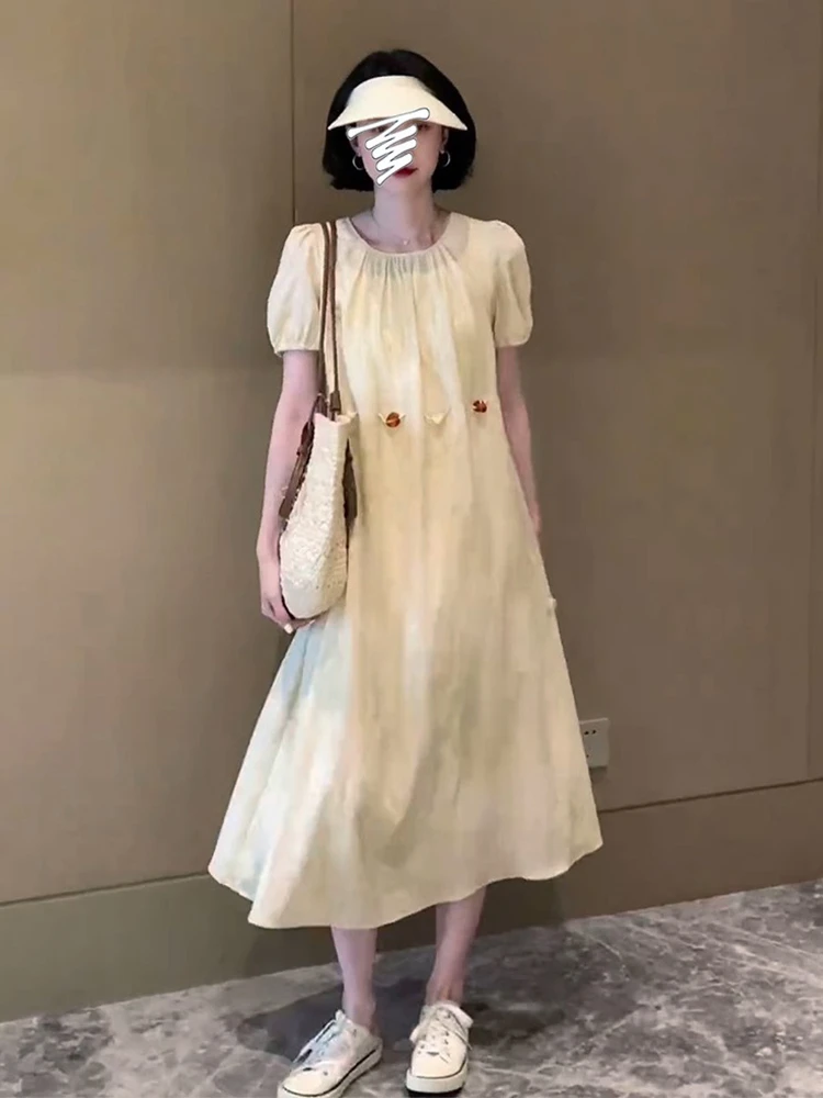 Платье с коротким рукавом во французском стиле Свободное длинное приталенное