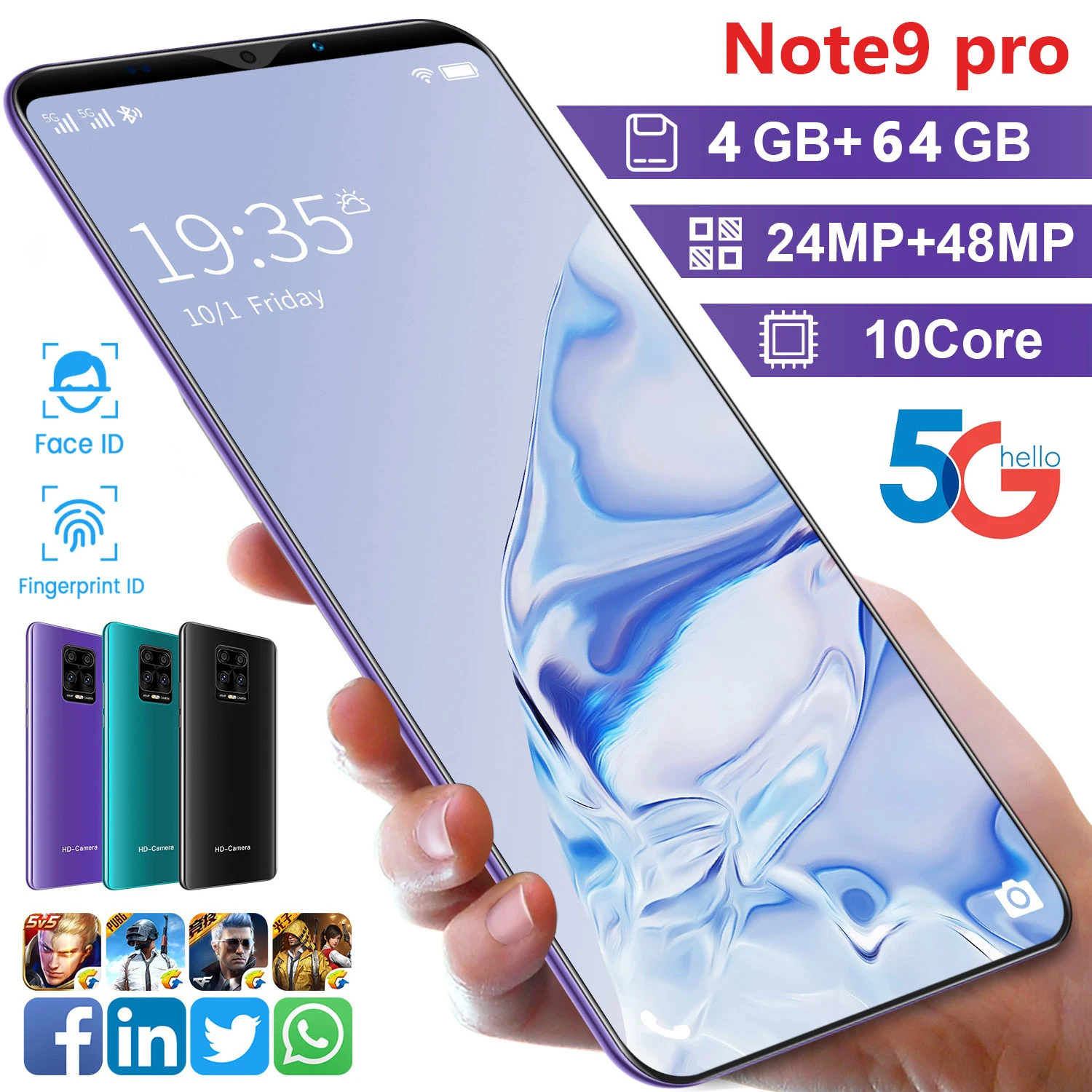 2022 new cell phone note 9 pro android10 0 and 5 5inch full screen 4gb64gb 24mp48mp memory 5g network smartphone cellphones free global shipping
