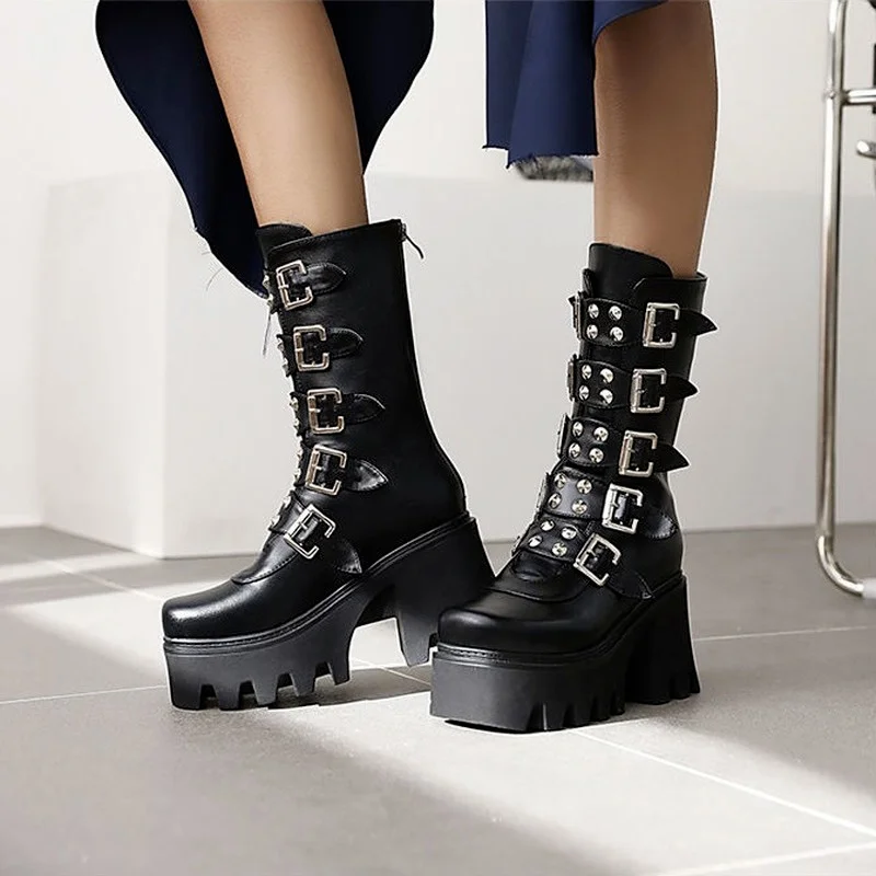 

Winter Gothic Punk Womens Platform Boots Black Buckle Strap Zipper Creeper Wedges Shoes Mid Calf MilitaryCombat ChunkyBoots