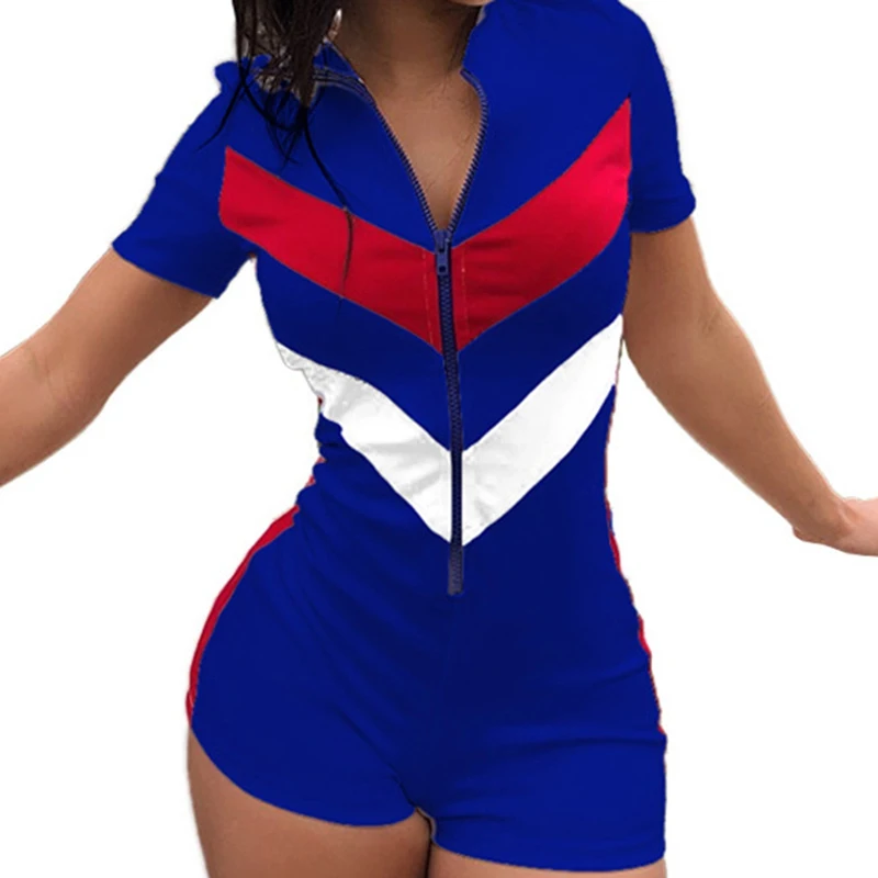Women Sexy Zipper Short Sleeve Casual Skinny Jumpsuits 2023 Stitching Color Short Bodysuit Playsuit Sport Rompers Sexy Female