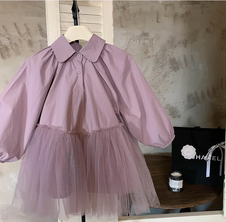 

Retail 2023 Fall Long Sleeve Purple Mesh Dress , Girls Princes Sweet Clothes 2-7 T