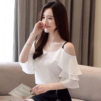 summer women ruffles slash neck white chiffon shirt sexy off shoulder camisole blouse butterfly sleeve all match casual top lady