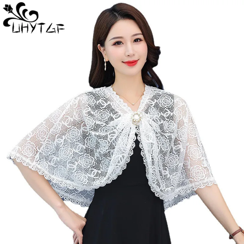 

UHYTGF New Lace Shawl Sunscreen Coat For Women Sleeveless Hollow Thin Cape Tops Female With A Smock Overcoat Ladies Clothes 2599