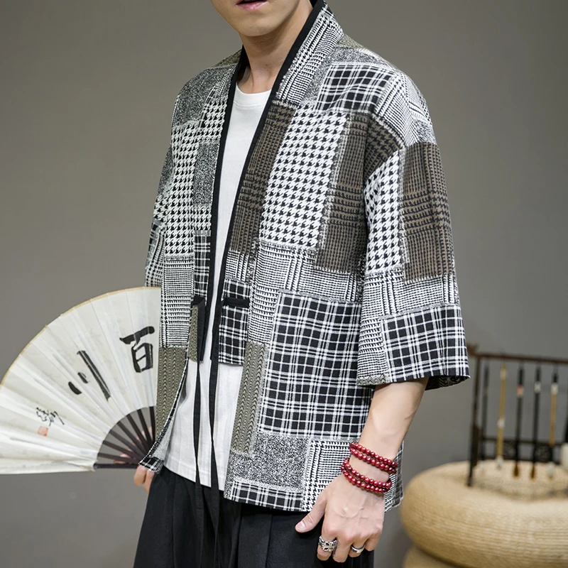 

Summer New Men's Retro Cotton and Linen Stitching Loose Kimono Cloak Beggar Clothes Large Size Fashion 7-sleeve Cardigan Jacket