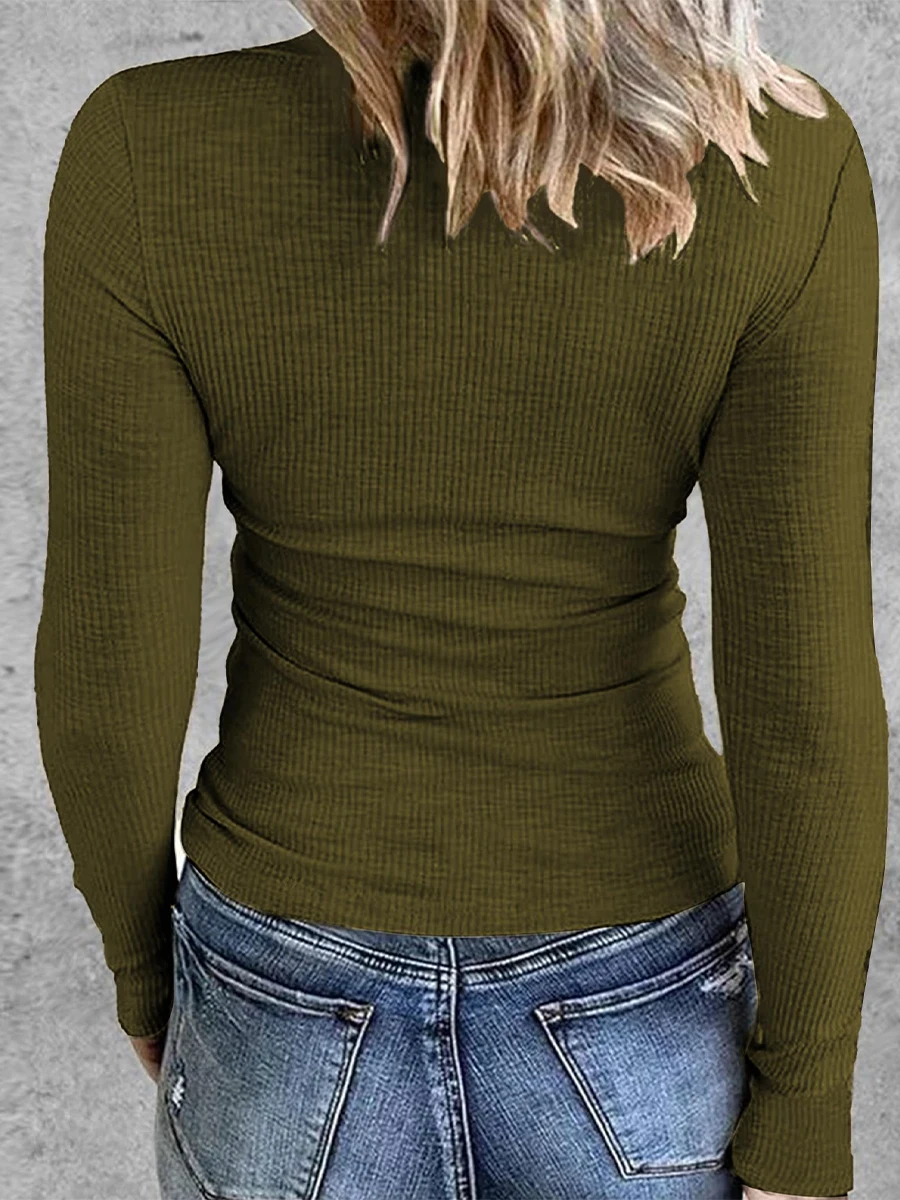 Женская Однотонная футболка в рубчик с длинным рукавом и круглым вырезом