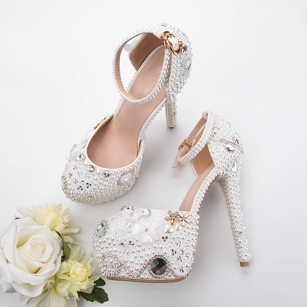 Wedding Sandals Love Pearls Metal Decorations 14cm Heel Height Bride Party White Shoes Buckle Strap Comfortable Lady Pumps