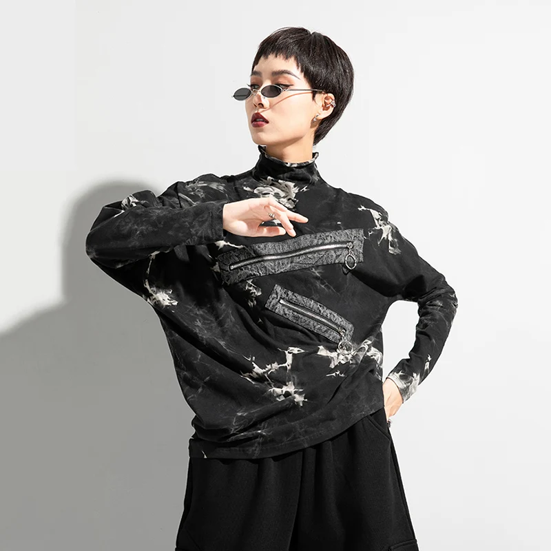 

Женская Асимметричная футболка на молнии, Повседневная Свободная Водолазка с длинным рукавом и принтом, весна-осень 2023