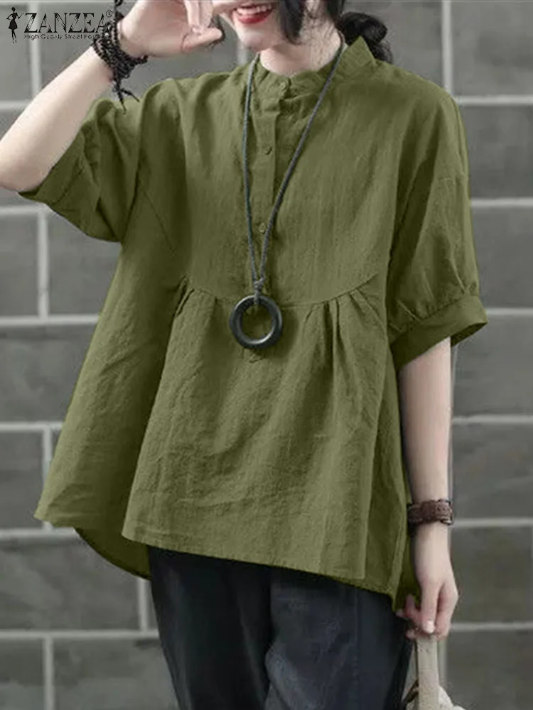 

Vintage Blouse ZANZEA Autumn Pleated Tops For Women Casual Half Sleeve Button Blusas Femme O Neck Work Holiday Shirt Mujer Tunic