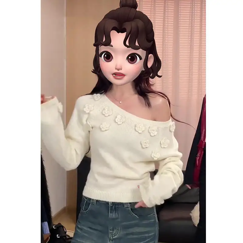 Sulei Light французский свитер с трехмерными цветами и наклонными плечами женский