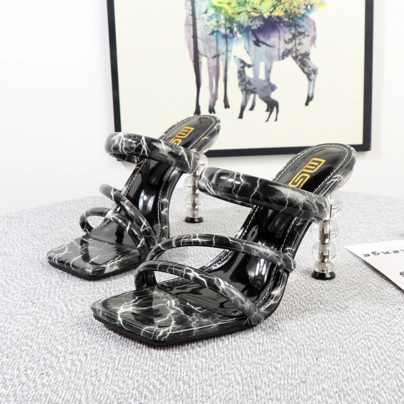 Female slippers factory outlet foreign trade square toe glass sandals patent leather crack new sexy outdoor high-heeled slippers