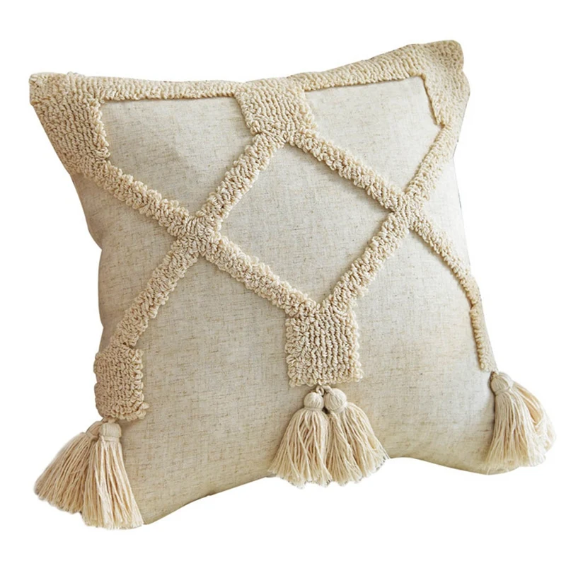 

Cotton Cushion Cover Boho Style Tassels Pillow Cover Beige for Home Decoration Neutral Living Room Bedroom