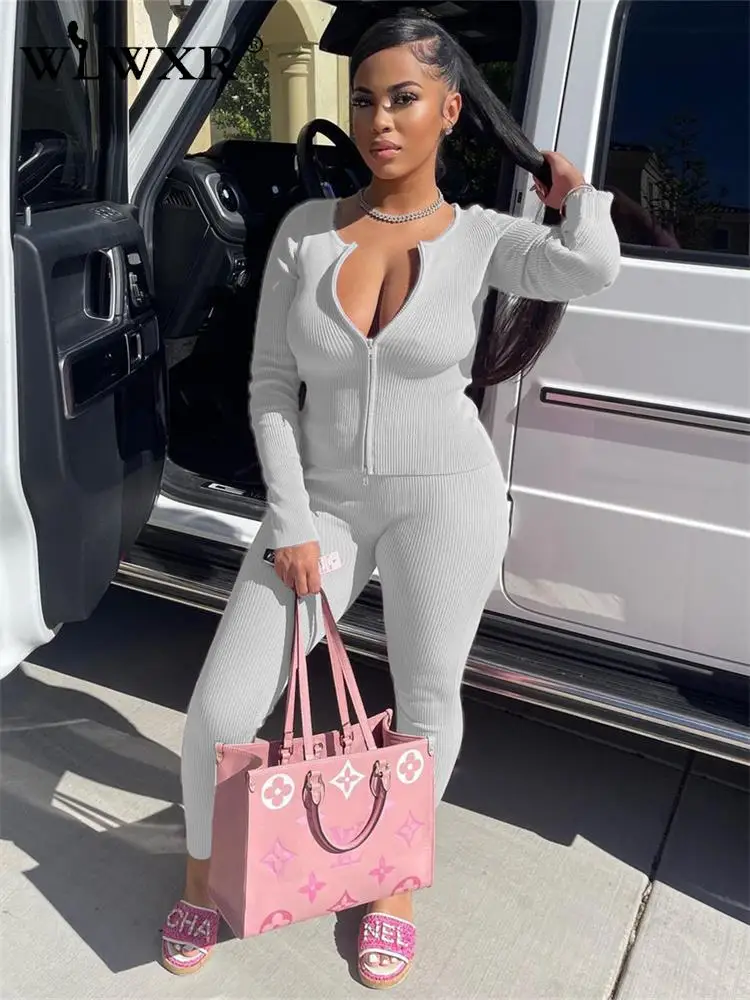 

WLWXR Fall Street Ribbed Black Two 2 Piece Sets Womens Outifits Square Collar Long Sleeve Zipper Top Skinny Pants Matching Sets