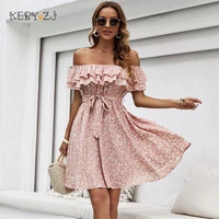 2022 summer womens dress casual ruffle off the shoulder elegant pink floral print dress female new sweet beachfashion clothes