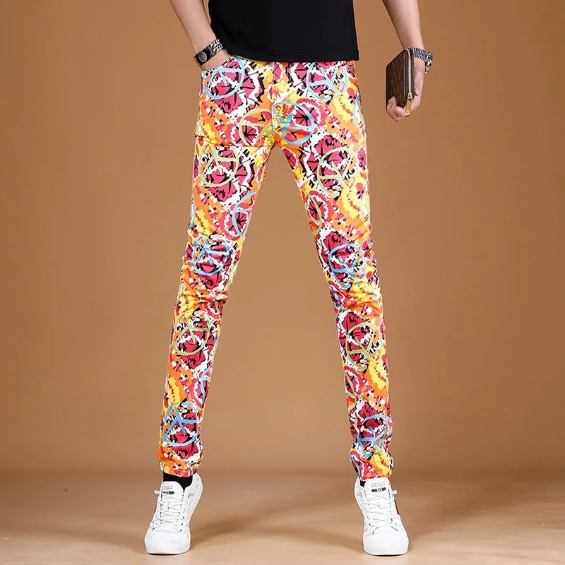 

Fashion Jeans Men 2023 Summer Colourful Printed Pants Streetwear Graphic Jean Casual Straight Slim Fit Denim Trousers