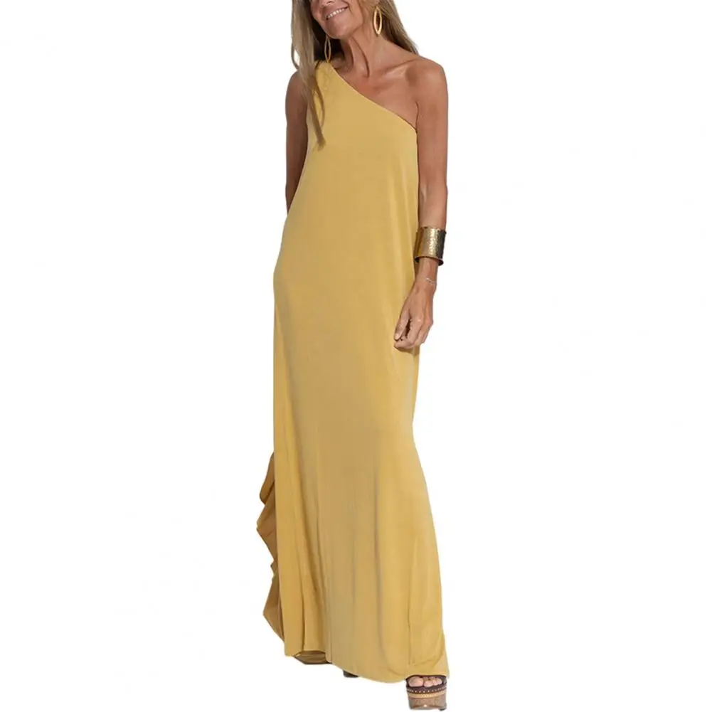 

Платье женское длинное на одно плечо, свободное платье с открытой спиной, с косым вырезом, с Боковым Разрезом, в полную длину, для отпуска, лето