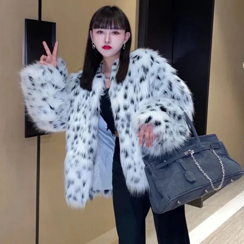 Fashion Faux Fox Fur Coat Women 2022 Winter Casual Spliced Leopard Print Fur Jacket Female Thick Warm Mid-long Plush Outerwear