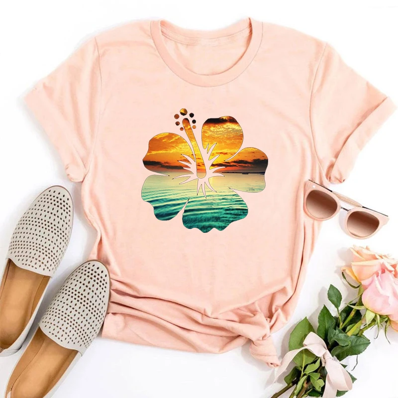 

Hibiscus Shirts Women Summer Floral Aloha Clothes Vacation Beach Tee Tropical Plants Tops Hawaii Clothing Aloha Graphic Tees M