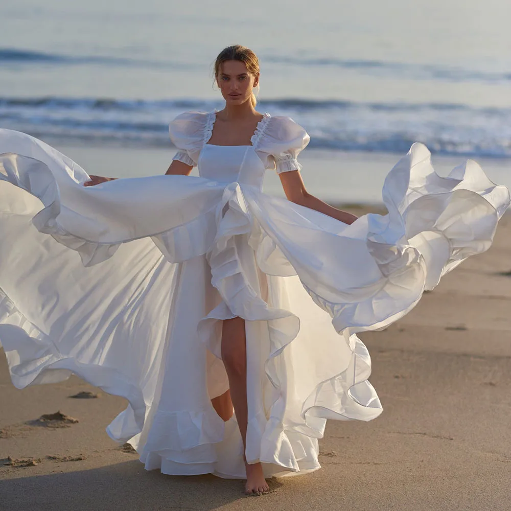 Платье женское длинное из органзы с квадратным вырезом и пышными рукавами |