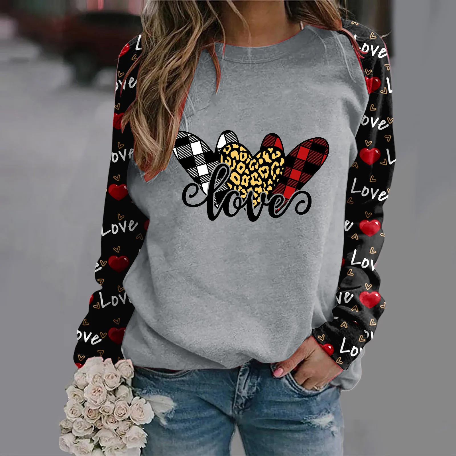 

Women Valentine's Day Heart Printing Casual Pullover Sweatshirts Long Sleeve Sweatshirts Long Sleeve Pocket Long Zip up