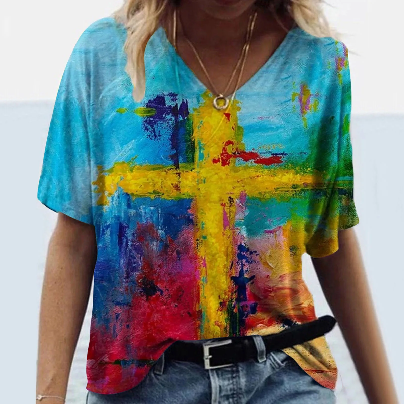 

Women Short Sleeve Printed V-Neck Tops Tee T-Shirt Blouse Yoga Apparel Womens Lace Work Shirt