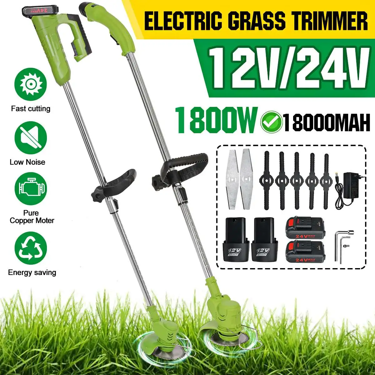 

1800W Cordless Lawn Mower 12V/24V Grass Trimmer Mowing Machine Grass Cutter Pruning Garden Power Tools With Li-ion Battery