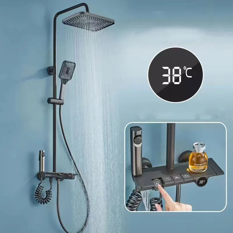

Hot Cold Mixer Shower Set Bathroom LED Digital Showers System Rainfall Faucets Wall Mount SPA Rain Bath Tap Bathtub Square Head