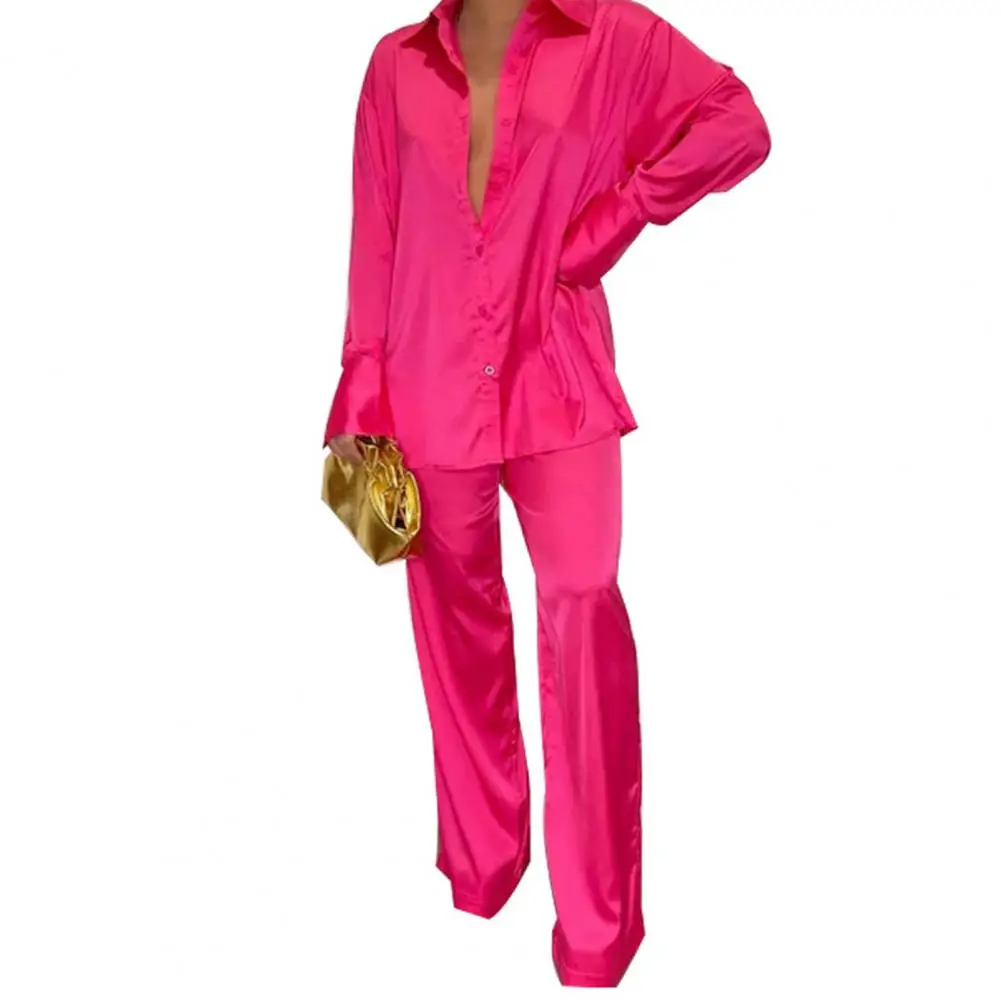 

Women's Elegant Satin Trousers Set Female Long Sleeve Shirt And Wide Leg Straight Pants Sleepwear 2Piece Set 2022 Summer Outfits