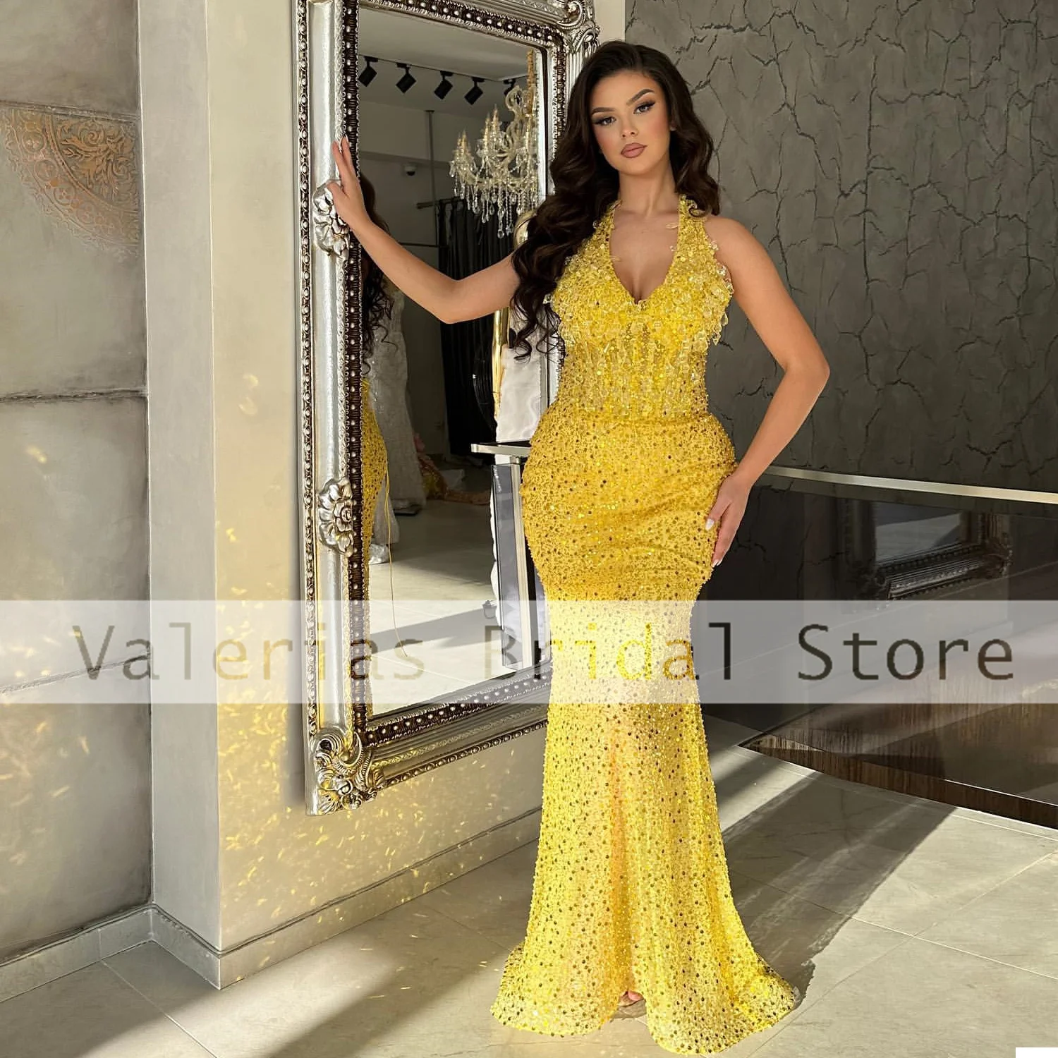 

Sexy Mermaid Prom Dress Middle East Arab Yellow Sparkly Sequined Beads Long Formal Evening Dresses فساتين السهرة