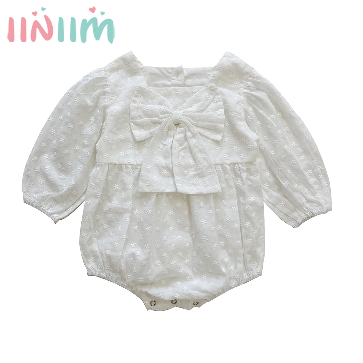 

Baby Cute Romper Infant Girls Birthday Party Costume Baptism Clothing Long Sleeve Solid Color Bowknot Embroidered Bodysuit