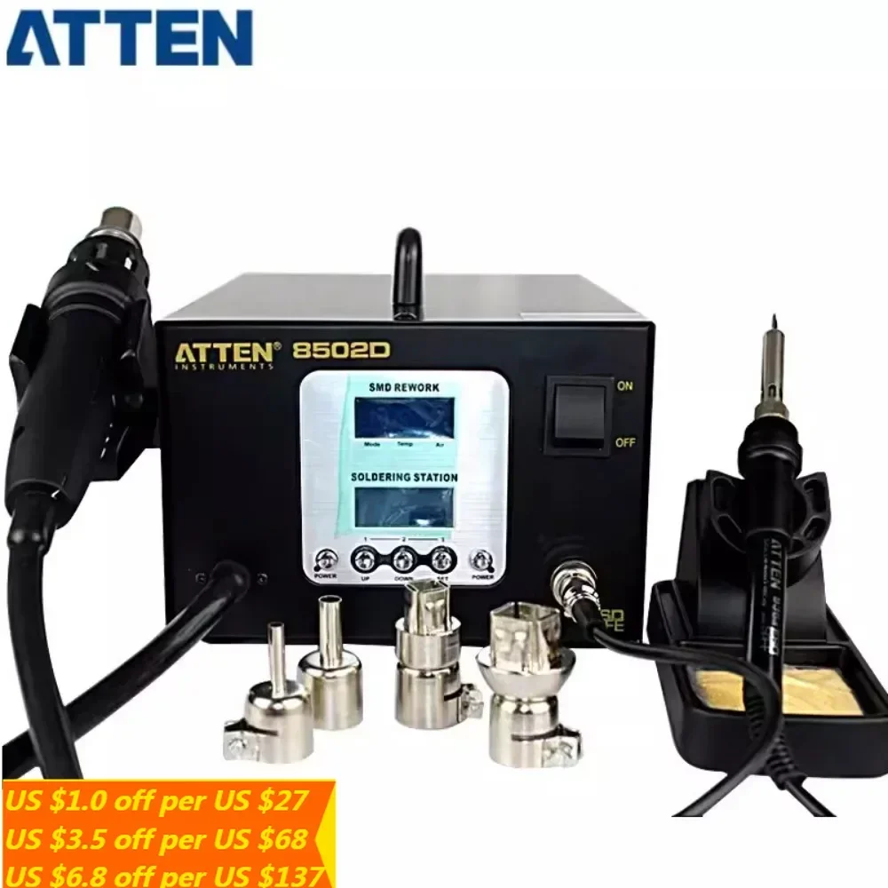 

ATTEN AT8502D 2 in 1 Digital Rework Station SMD Rework Hot Air Gun + Soldering Station Iron Lead-Free Dual LCD 110V/220V 550W