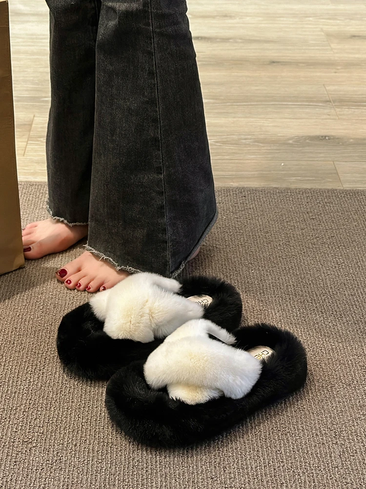 

Med Fur Shoes Woman's Slippers Shallow Slides Flock Platform Plush 2023 Flat Massage with fur Basic Rubber Short House Slippers